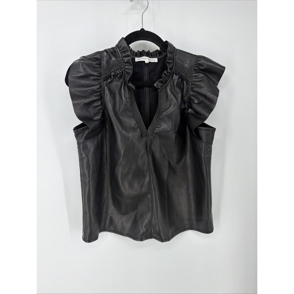 Melissa Nepton Kamilla Black Faux Leather Ruffle Cap Sleeve Top L - Picture 2 of 6